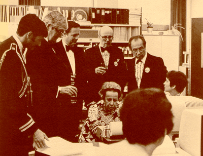 At the 25th Anniversary of the National Library of Canada, June 28, 1978, viewing the newest electronic retrieval computers. Left to right: Governor General Jules Leger, Secretary of State John Roberts, Dr. Guy Sylvestre, National Librarian and Senator Paul Yuzyk. (Seated, middle: Mrs. Leger.)